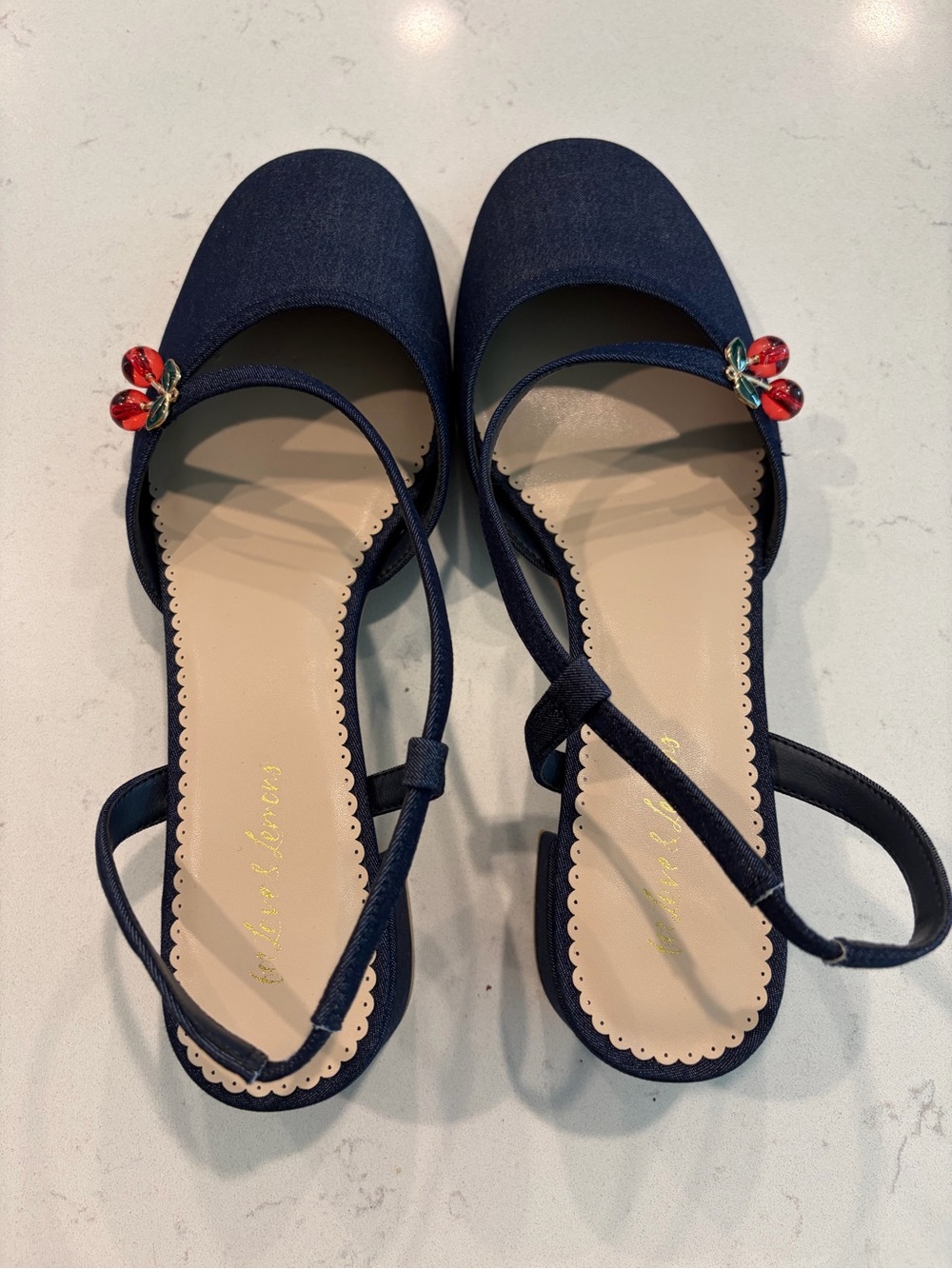 For Love & Lemons Navy Slingback Flats with Red Cherry Accent - Picture 5 of 10